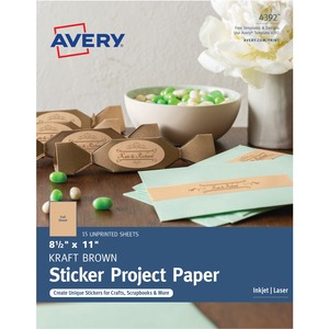 Avery® Printable Sticker Paper, 8.5" x 11" , Kraft Brown, Laser & Inkjet Printers, 15 Craft Paper Sheets (4392)