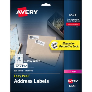 Avery® Address Labels, Glossy White, 2/3" x 1-3/4" , 600 Total (6523)