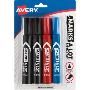 Avery® Marks A Lot® Permanent Markers, Regular Desk-Style Size, Chisel Tip, 4 Assorted Markers (07905)