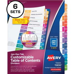 Avery® Ready Index 12 Tab Dividers, Customizable TOC, 6 Sets