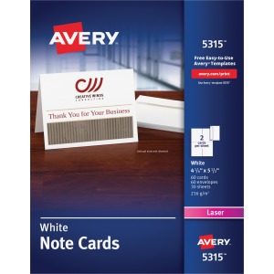 Avery® Printable Note Cards, Two-Sided Printing, 4-1/4" x 5-1/2" , 60 Cards (5315)