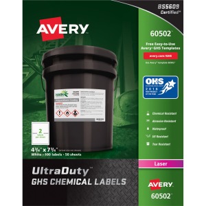 Avery® UltraDuty™ GHS Chemical Labels 4�" x 7�" , Permanent Adhesive, for Laser Printers