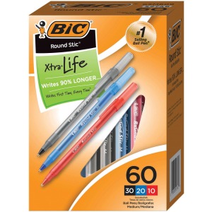 BIC Round Stic Xtra Life Ball Point Pen, Assorted, 60 Pack