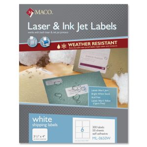 MACO 3 1/3" x 4" Laser/Inkjet White Shipping Labels, Weather-Resistant (6 Labels/Sheet) (50 Sheets/Box) (Interchangeable with Avery# 5524)