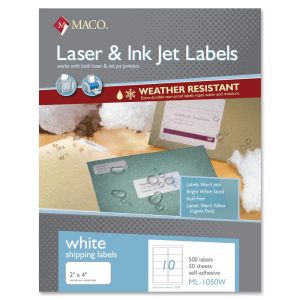 MACO 2" x 4" Laser/Inkjet White Shipping Labels, Weather-Resistant (10 Labels/Sheet) (50 Sheets/Box) (Interchangeable with Avery# 5523)