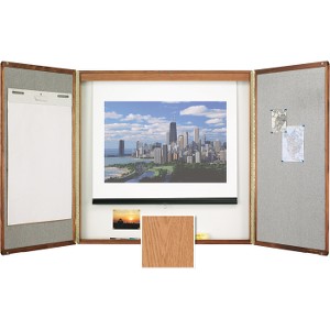 Quartet® Premium Conference Room Cabinet, 4' x 4', Whiteboard Interior with Projection Screen, Oak Finish
