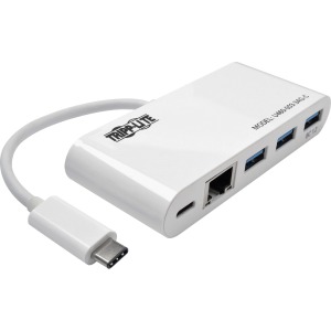 Tripp Lite 3-Port USB-C Hub with LAN Port and Power Delivery, USB-C to 3x USB-A Ports and Gbe, USB 3.0, White