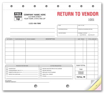 Return to Vendor Forms Sets 3-part