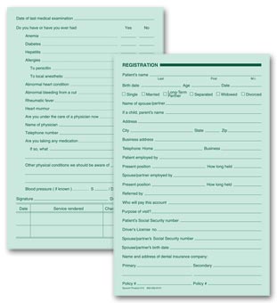 Dental Registration Forms, Two - Sided, Green Ledger