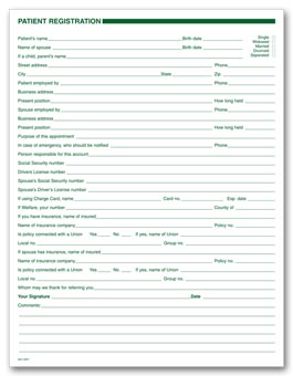 Dental Patient Registration Forms, 1 Sided, No Hole Punch