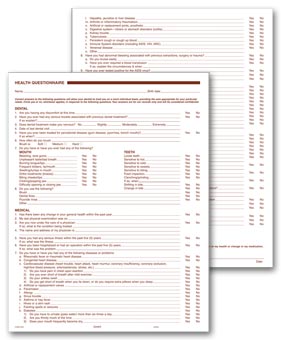 Dental Health History Questionnaires, 2 Sided, No Hole Punch