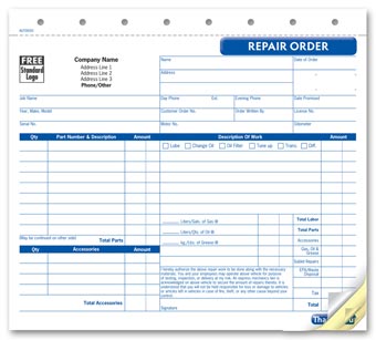 Repair Orders, Garage, Carbonless, Small Format 3-part