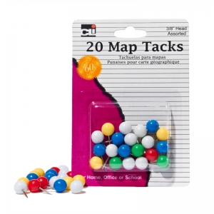 Map Tacks, 3/8" Head, Assorted Colors, Pack of 20