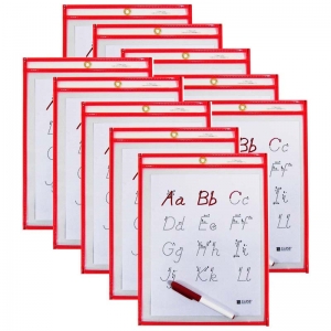 (10 EA) C LINE REUSABLE 9X12 DRY ERASE POCKETS RED NEON