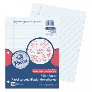 Pacon Filler Paper, White, 3hole Punched, Red Margin, 8 X 101/2, 150 Sheets