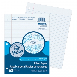 Pacon Filler Paper, White, 3hole Punched, Red Margin, 8 X 101/2, 150 Sheets