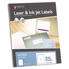 MACO 8 1/2" x 11" Laser/Inkjet White Shipping Labels (1 Label/Sheet) (100 Sheets/Box) (Interchangeable with Avery# 5165)