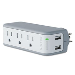 Wall Mount Surge Protector, 3 Outlets/2 USB Ports, 918 Joules, Gray/White