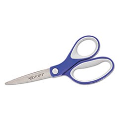 KleenEarth Soft Handle Scissors, Pointed Tip, 7" Long, 2.25" Cut Length, Blue/Gray Straight Handle