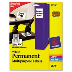 Permanent ID Labels w/ Sure Feed Technology, Inkjet/Laser Printers, 1.25 x 1.75, White, 32/Sheet, 15 Sheets/Pack