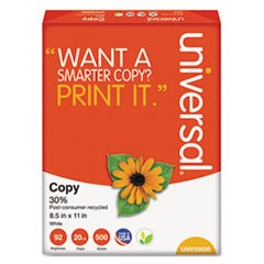 30% Recycled Copy Paper, 92 Bright, 20 lb, 8.5 x 11, White, 500 Sheets/Ream, 10 Reams/Carton