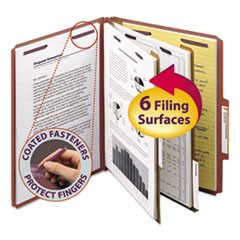 Pressboard Classification Folders with SafeSHIELD Coated Fasteners, 2/5 Cut, 2 Dividers, Letter Size, Red, 10/Box