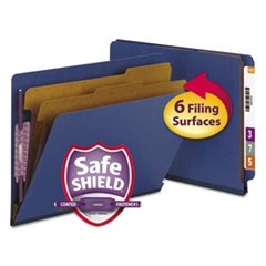 End Tab Pressboard Classification Folders with SafeSHIELD Fasteners, 2 Dividers, Letter Size, Dark Blue, 10/Box