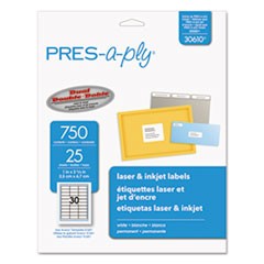 PRES-a-ply, Laser (1" x 2 5/8") (White) (30 Labels/Sheet) (25 Sheets/Pkg) (Interchangeable with Avery# 5260, Maco# ML-3025)