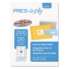 Labels, Laser Printers, 2 x 4, White, 10/Sheet, 250 Sheets/Box