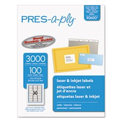 PRES-a-ply (1" x 2-5/8") (White Laser) (30 Labels/Sheet) (100 Sheets/Box) (Interchangeable with Avery# 5160, Maco# ML-3000)