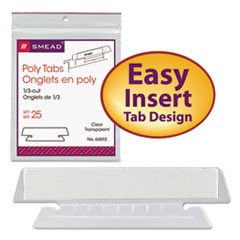 Poly Index Tabs and Inserts For Hanging File Folders, 1/3-Cut, White/Clear, 3.5" Wide, 25/Pack