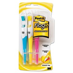 Flag + Highlighter, Assorted Ink/Flag Colors, Chisel Tip, Assorted Barrel Colors, 3/Pack