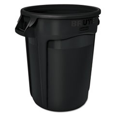 Round Brute Container, Executive Series, Plastic, 32 gal, Black, 6/Carton