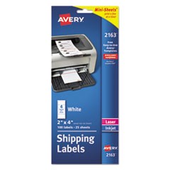 Mini-Sheets Mailing Labels, Inkjet/Laser Printers, 2 x 4, White, 4/Sheet, 25 Sheets/Pack