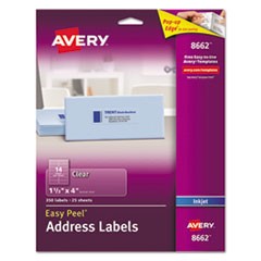 Matte Clear Easy Peel Mailing Labels w/ Sure Feed Technology, Inkjet Printers, 1.33 x 4, Clear, 14/Sheet, 25 Sheets/Pack