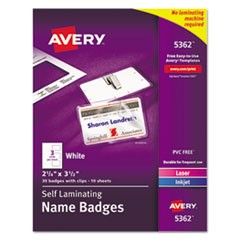 Self-Laminating Laser/Inkjet Printer Badges, 2 1/4 x 3 1/2, White, 30/Box