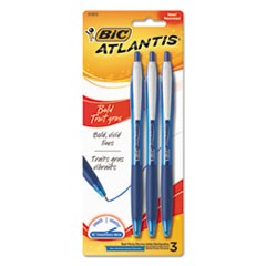 Atlantis Bold Ballpoint Pen, Retractable, Bold 1.6 mm, Blue Ink, Blue Barrel, 3/Pack