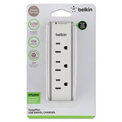 SurgePlus USB Swivel Charger, 3 AC Outlets/2 USB Ports, 918 J, White