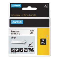 Rhino Permanent Vinyl Industrial Label Tape, 0.37" x 18 ft, White/Black Print