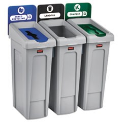 Slim Jim Recycling Station Kit, 3-Stream Landfill/Mixed Recycling, 69 gal, Plastic, Blue/Gray/Green