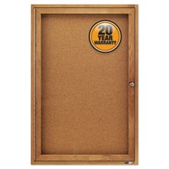 Enclosed Indoor Cork Bulletin Board with One Hinged Door, 24 x 36, Tan Surface, Oak Fiberboard Frame