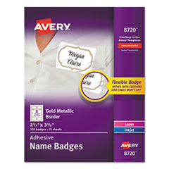 Flexible Adhesive Name Badge Labels, 3 3/8 x 2 1/3, White/Gold Border, 120/PK