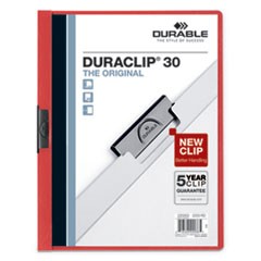 Vinyl DuraClip Report Cover w/Clip, Letter, Holds 30 Pages, Clear/Red, 25/Box