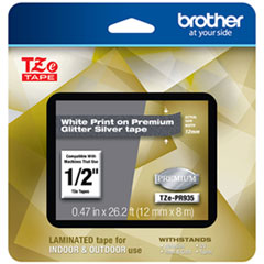 TZe Premium Laminated Tape, 12mm x 8m, White on Silver