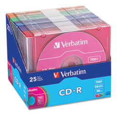 CD-R Discs, 700MB/80min, 52x, Slim Jewel Cases, Assorted Colors, 25/Pack