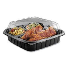 Crisp Foods Technologies Containers, 3-Compartment, 9 oz/6 oz/6 oz, 8.46 x 8.46 x 3.16, Clear/Black, Plastic, 180/Carton