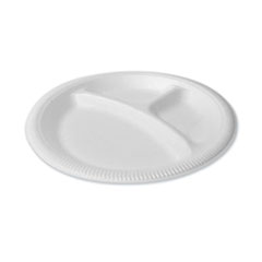 Foam Dinnerware, Plate, 3-Compartment, 9" dia, Poly Bag, White, 125/Sleeve, 4 Sleeves/Bag, 1 Bag/Pack