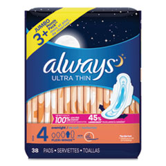 Ultra Thin Overnight Pads with Wings, 38/Pack, 6 Packs/Carton