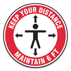 Slip-Gard Social Distance Floor Signs, 17" Circle, "Keep Your Distance Maintain 6 ft", Human/Arrows, Red/White, 25/Pack