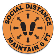 Slip-Gard Social Distance Floor Signs, 12" Circle, "Social Distance Maintain 6 ft", Footprint, Orange, 25/Pack